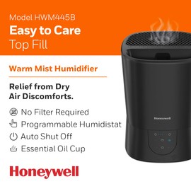 Honeywell Easy-to-Care Filter Free Warm Mist Humidifier, Medium Rooms, 1.5 Gallon Tank – Humidistat for Bedroom, Home or Office Black
