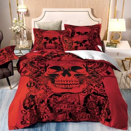 Haolloween Red Skull Duvet Cover Set 3D Gothic Tattoo Printed Bedding Quilt Cover Set 3 Pieces Soft Microfiber Bedding Quilt Cover with Zipper Closure for Teens and Adults King Size 230X220cm