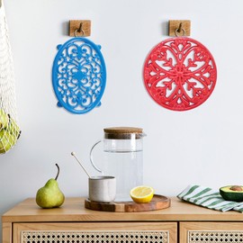 JOGREFUL Cast Iron Trivet Mats, Kitchen Pot Holders to Portect Table/Countertops, Heat Resistant Mats for Teapot/Hot Dishers/Plates, Vintage Mats with Weighted-Base, Mistletoe Pattern, Red