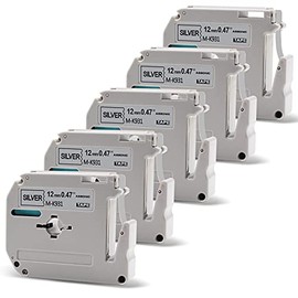 Absonic Compatible Label Tape Replacement for M-931 M931 MK-931 1/2" Non-Laminated Tape for Brother PT-65 PT-M95 PT-80 PT-90 PT-45 Label Maker, Black on Silver, 0.47" x 26.2' , 5-Pack