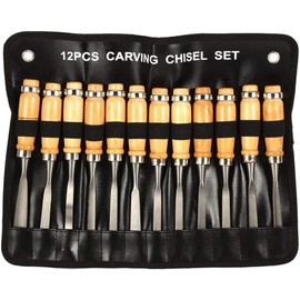 12-Piece Wood Carving Hand Chisel Set, Blades, Polished Wooden Handles, Comfortable Handle, Protective Plastic Casing, Ideal for Carpenters and Artists