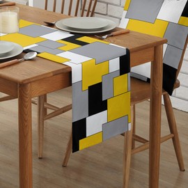 Farmhouse Table Runner Linen Burlap Table Runners 72 Inches Long, Modern Abstract Art Color Block Gray Black and Yellow Table Runner for Dresser, Party, Living Room, Dining Table Decor 13"x72"