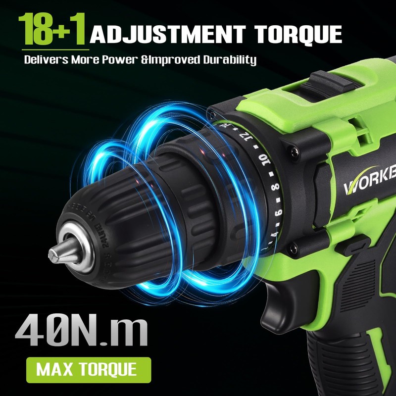 WorkBless WORKBLESS 21V Power Drill Set, Cordless Drill with 2