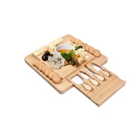 Opulic Bamboo Cheese Board and Knife Set - Square Charcuterie Wooden Serving Board with 4 Cheese Knives in a Pull-Out Drawer, Great to Present Cheese Platter for Picnic or Parties