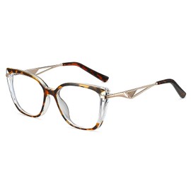 GLEXAL Tortoise & Clear Acetate Cat-Eye Blue Light Blocking Glasses - Geometric Metal Temples with Art Deco Accents, Screen Protection for Work/Gaming, Fashion-Forward Eyewear Accessories (Unisex)