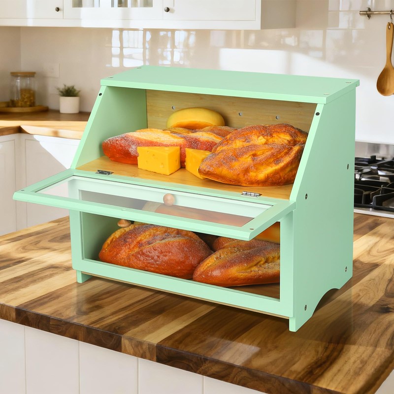 HOMEKOKO Double Layer Large Bread Box for Kitchen Counter, Wooden