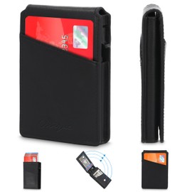 Wallet for Men - Genuine Leather RFID Blocking Wallet, Mens Minimalist Wallet, Slim Compact Wallet with ID Window, Smart Pop Up Card Wallet, Metal Aluminum Credit Card Holder Bifold Wallet (Black)