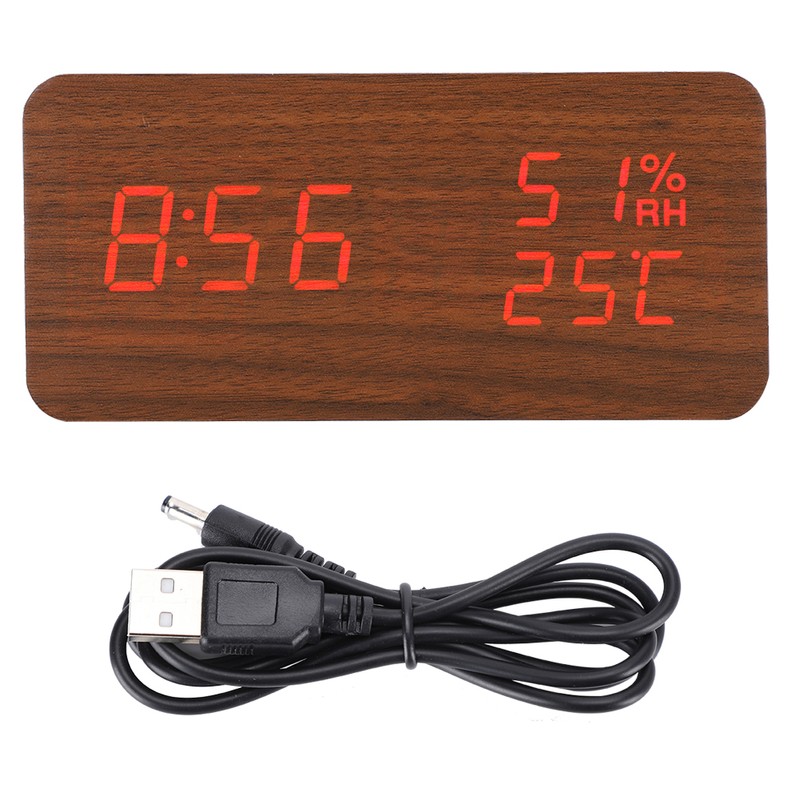 Wooden Alarm Clock LED Voice Control Desk Rectangular Brown Wood