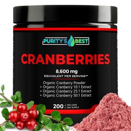 Purity’s Best Cranberry Organic Cranberries | 200 Veggie Caps | Cranberry Extract 8,600 Mg Strength, Effective UTI Support, Detoxifying, Dietary Supp, 100% Vegetarian, Non-GMO - Made in USA