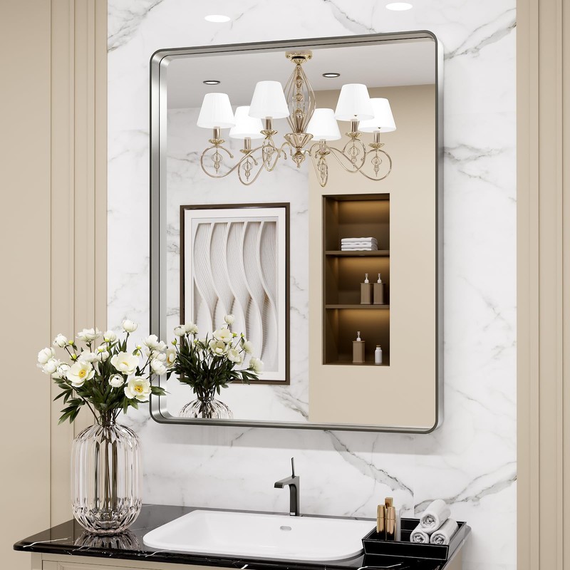 LOAAO 24X32 Inch Brushed Nickel Bathroom Mirror, Rounded Rectangle Silver