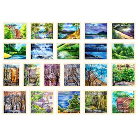 Post Stamps Stickers Set ~ Vibrant Watercolor Landscape Stamp Collection Showcasing Serene Nature Scenes and Charming Countryside Views ~ FLONZ Vintage Decals for Craft