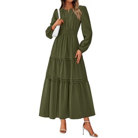 PRETTYGARDEN Women's 2025 Elegant Maxi Dresses Long Sleeve V Neck Flowy Pockets Casual Modest Dress Fall Fashion Clothes (Army Green,Medium)