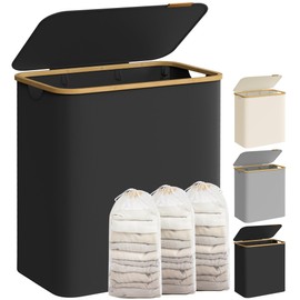SONGMICS Laundry Hamper with Lid, 3-Section Large Laundry Basket, 52.8-gallon (150L), Removable Mesh Liner, Bamboo Handles, Collapsible, 23.6 x 15.2 x 27.8 Inches, Ink Black ULCB515B01
