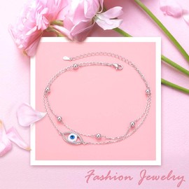 Women's 925 Sterling Silver Anklet, Evil Eye & Hamsa Hand Adjustable Anklet, 23, 25, 28 cm / 9, 10, 11 inches, Ankle Jewellery, Birthday Gift, Silver