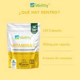 Wellthy Vitamina C 120 Cápsulas. 300mg, Solo 1 Cápsula al día, VCaps Capsulas Veganas, Bottle Free. Hecho en Planta Certíficada.