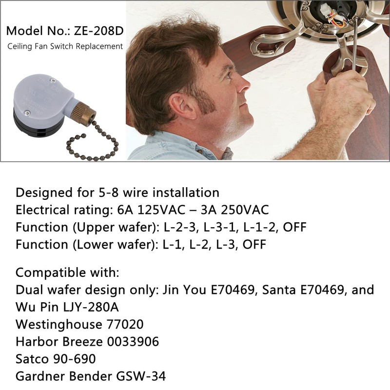 Ceiling Fan Switch Zing Ear ZE-208D 3 Speed 5-8 Wire