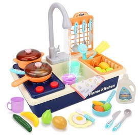 Cocina de Juguete para Niños, Set De Cocina Infantil, Fregadero con Agua Corriente, Ollas y Sartenes, Estante de Cubiertos y Accesorios de Cubiertos, 