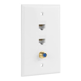Ethernet Coax Wall Plate, 2 Port Cat 6 RJ45 Keystone and 1 Port TV Coax F Type Keystone Wall Plate