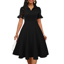Black Dresses for Women Summer Ruffle Sleeve Fit and Flare Knee Length Vintage Classy Ladies Flattering Cocktail Sunday Church Modest Teacher Business Casual Office Work Dress with Pockets S