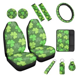 Semiouray Cute Clover Pattern Car Accessories Set of 11 Pieces Cartoon Green Lucky Clover Print Car Front Seat Covers Keyring Shoulder Pad Wrist Strap for Women Men