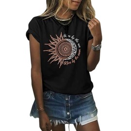 MaQiYa Womens Graphic Tees Summer Short Sleeve Cotton Moon and Sun Printed T Shirts Tops (Small,Black)