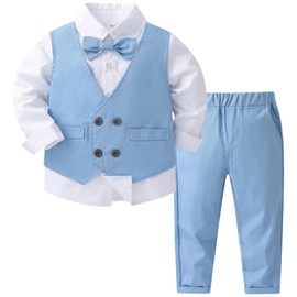 Yaopelky Toddler Boy Formal Suit Set Mock Two Piece Shirt with Vest Toddler Gentleman Suits Boys Wedding Outfits, blue