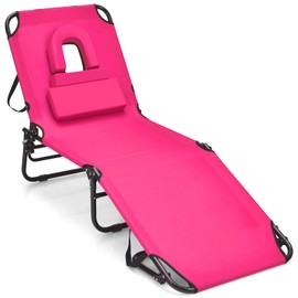 GYMAX Tanning Chair, 350lbs Beach Lounge Chair with Face Hole, Washable Pillow & Carry Strap, Adjustable Folding Chaise Lounge, Layout Chair for Outside, Patio, Poolside, Lawn (1, Pink)