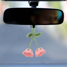 uxcell Crochet Car Hanging Accessory, Handmade Ornament with 2 Cute Little Lily of The Valley Flowers for Car Decor Bag Keychain, Pink
