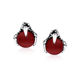 Gothic Punk Rocker Biker Jewelry Red Translucent Ball Orb Dragon Claw Stud Earrings For Men For Women Silver Tone Black Oxidized Stainless Steel