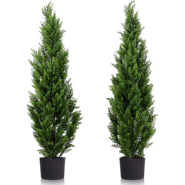 Two 5 Foot Outdoor Artificial Cedar Topiary Trees Uv Rated