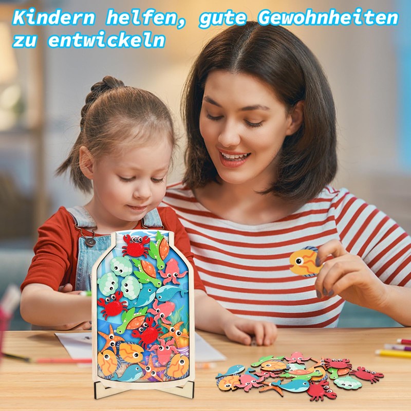 MUFEIRUO Reward Jar with 28 Sea Animals, Wooden Reward Chart