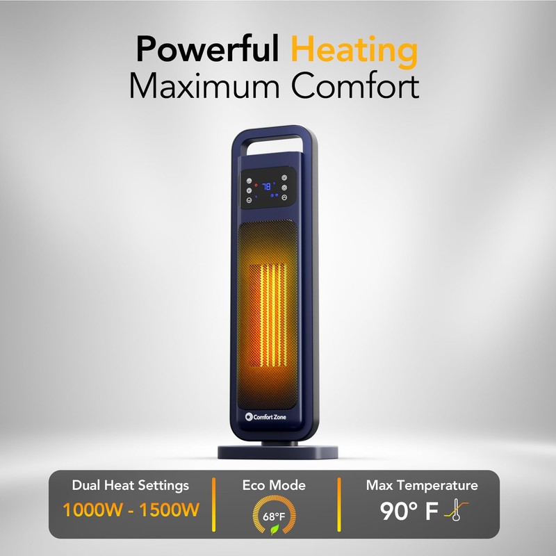 Comfort Zone 26-Inch 1500W Tower Space Heater for Indoor Use,
