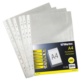 Waytex 931303 Punched Pockets A4 Clear Grained 50 Micron - Pack of 50