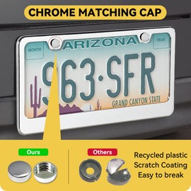 Flamax Mirror Polished Heavy Duty Stainless Steel License Plate Frame with Chrome Screw Caps, 2 Holes Rust-Proof Chrome-Like Finish Stainless Steel License Plate Frames 2 Pack