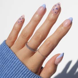 Glamnetic Press On Nails - Bluebelle | Short Almond Fake Nails with Pale Blue French Tips & 3D Blueberry Accents on Semi-Sheer Base, Glossy Finish, Salon Quality | 15 Sizes - 30 Nail Kit with Glue