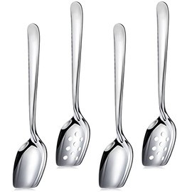 4 Pieces 10 Inch Flat Serving Spoon Slotted Spoon 304 Stainless Steel Roux Spoon for Cooking Kitchen Buffet Utensils, 2 Styles