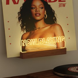 OkiyiD Now Playing Vinyl Record Stand, Light Up Record Holder Stand Display Decor, LED Wooden Base with Soft Warm White Lights,Vinyl Album Storage Gifts for Music Lovers Room Decor