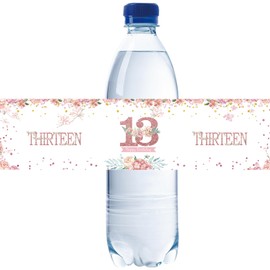32pcs Happy 13th Birthday Water Bottle Labels, Pink Folwer Cheers to Thirteen Years Old Birthday Stickers, Floral Themed Birthday Party Water Bottle Wrappers