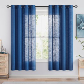 FMFUNCTEX Linen Semi Sheer Curtains for Bedroom, Navy Blue Curtains 63 Inch Length for Living Room, Country Farmhouse Sheer Drapes, Light Filtering Window Curtains, Grommet Top 2 Panels