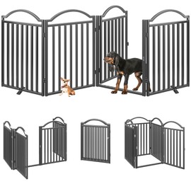 BHG Metal No-Assembly Freestanding Dog Gate with Door Walk Through, Extra Wide 96", Extra Tall 32" Pet Gate, Accordion Puppy Folding Playpen Dog Fence for Indoor & Outdoor, with 2PCS Support - Black