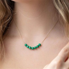 Inilbran Boho Green Pearl Necklace Vintage Acrylic Beads Necklace Green Beads Chain Necklace Minimalist Thin Line Necklace Jewellery for Women and Girls, Zinc