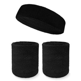 Couver Unisex Cotton Solid/Plain Sweatband Set(Headband x 1+ 4" Wristband x 2) for Sports - Black