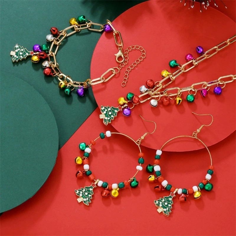 YTDYTD Christmas Tree Bell Jewelry Set, Colorful Necklace Bracelet Earrings