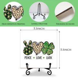 Peace Love Luck Saint Patricks Day Decorations for the Home Wooden Plaque with Metal Stand Irish Blessing Signs for St Patrick's Day Gifts for Coworkers Friends Shamrock Decor 5 X 5 Inches FS522