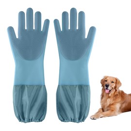 Senquoyn Dog Washing Gloves | Pet Grooming Gloves | Extra Long Arms (17.3") for Cats & Dogs | Massage & Hair Removal Pet Glove (Hazy Blue)