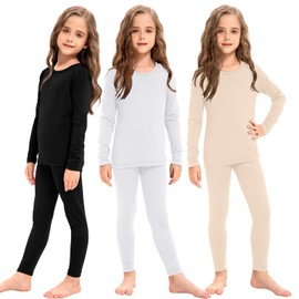 Silkfly 3 Set Girls Thermal Underwear Soft Winter Thermal Top and Bottom with Fleece Lined Base Layer for Girls(L,Black, White, Nude,3 Set)