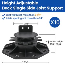 Muzata 10Pack Raising from 1.2" to 2.4" Adjustable Deck Support Pedestal Paver Flooring Joist Unilateral Keel Deck Support Base M065