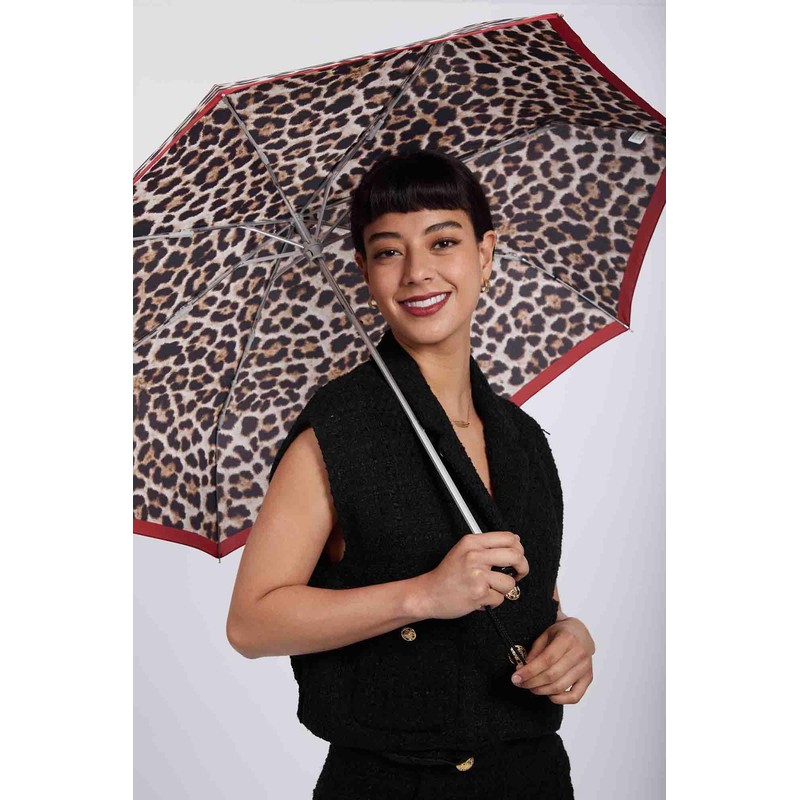 Fulton Minilite Shiny Leopard Print Umbrella, Strong Lightweight Wind Resistant