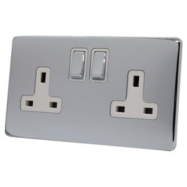 Discount Electrix 2 Gang Plug Socket Polished Chrome Screwless Flat Plate Design with White Insert