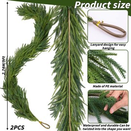 2 Pcs Artificial Norfolk Pine Garlands Christmas, 9 FT Dense Real Touch Winter Pine Garland Ornament, Green Artificial Greenery Garland for Table, Mantle, Wall, Indoor, Outdoor Christmas Decorations